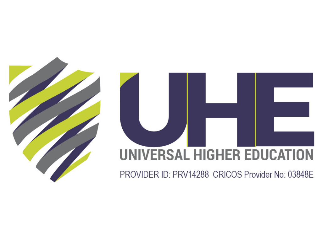 Logo of Universal Higher Education featuring a shield with alternating green, gray, and dark blue stripes, and the text 'UHE' and 'Universal Higher Education'.