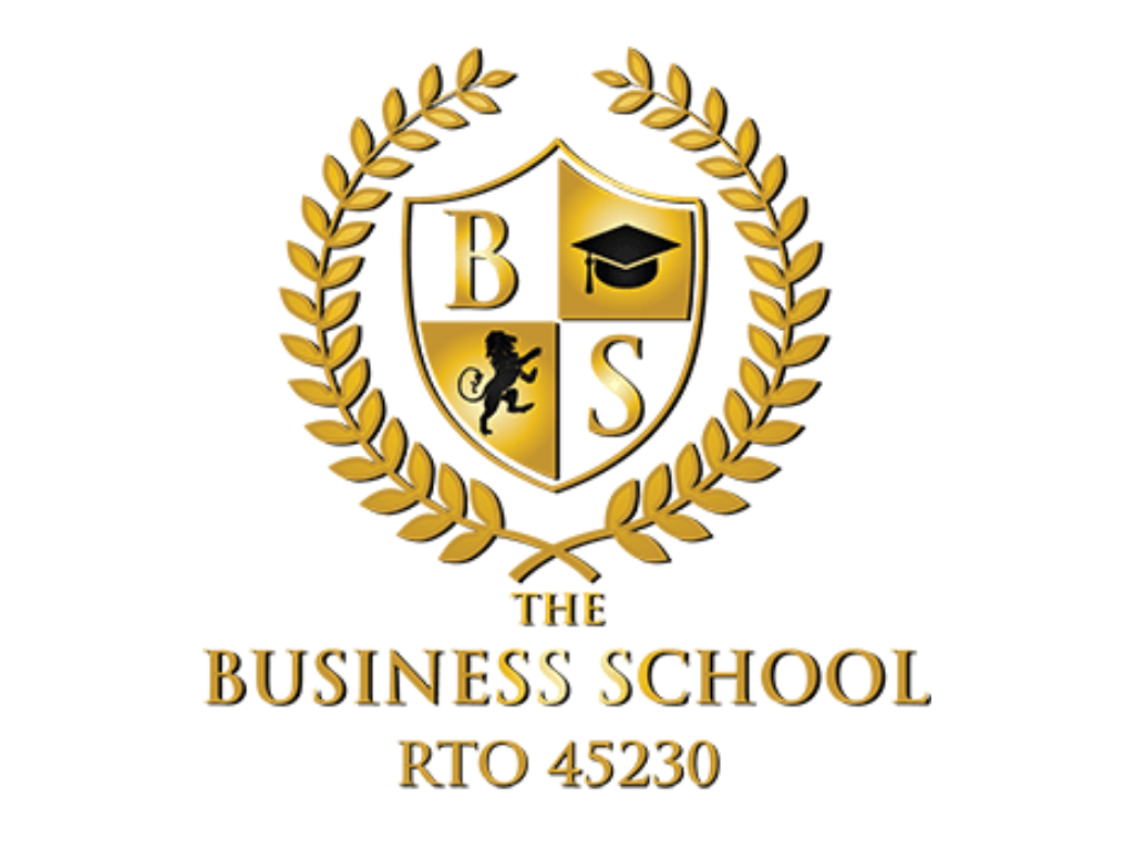 Logo for The Business School featuring a shield with a lion, graduation cap, and initials B S, surrounded by a gold laurel wreath, with the tagline and RTO number below.