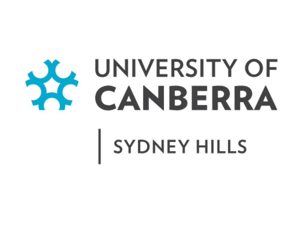 University of Canberra logo with blue emblem, black text, and 'Sydney Hills' underneath.