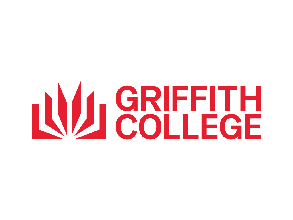 Griffith College logo in red with an open book design.