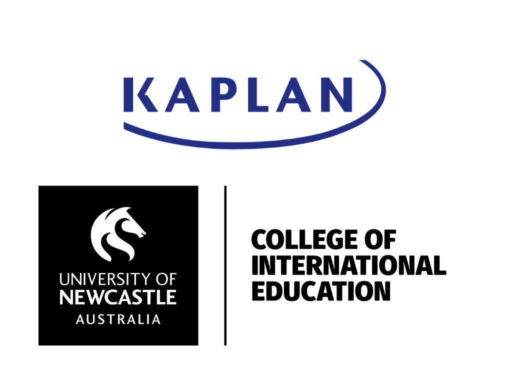 Logos of Kaplan, University of Newcastle Australia, and College of International Education on a white background.