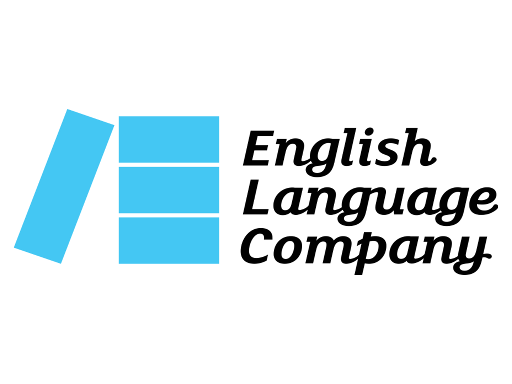 Logo of the English Language Company, featuring a stylized open book with blue pages and black text.