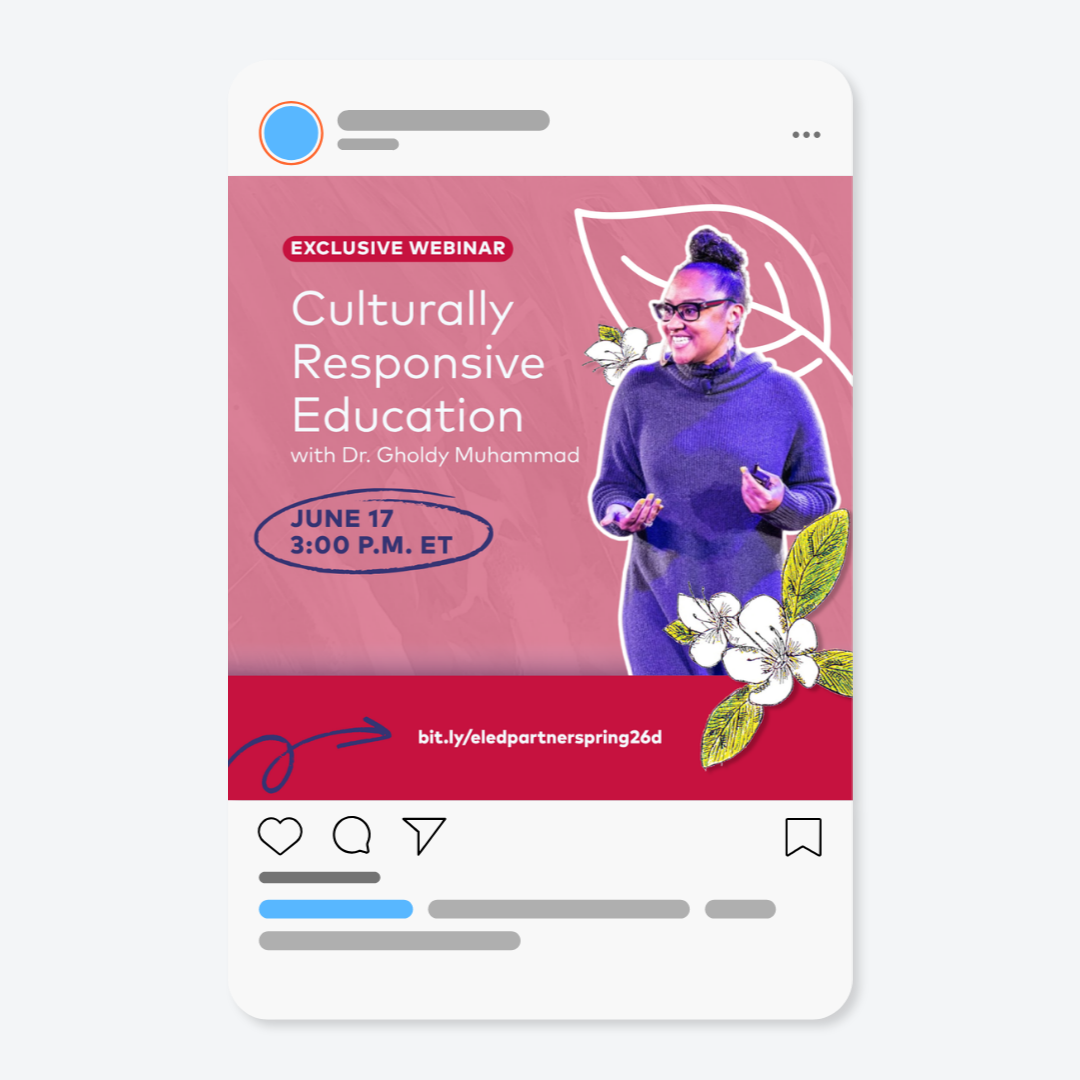 Promotional graphic for an exclusive webinar titled 'Culturally Responsive Education' with Dr. Gholdy Muhammad, scheduled for June 17 at 3:00 p.m. ET. The graphic features a woman wearing glasses and a purple sweater, smiling, with decorative flowers and leaves in the background. A URL link is also displayed at the bottom.