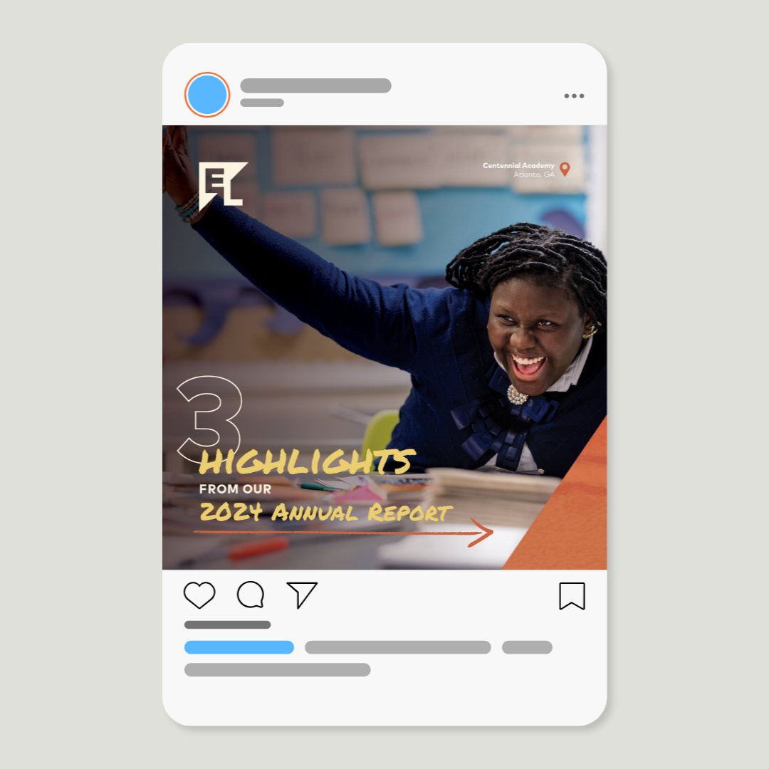 A social media post featuring a joyful young woman raising her arm, with text indicating highlights from a 2024 annual report, including a location at Centennial Academy in Atlanta, Georgia.