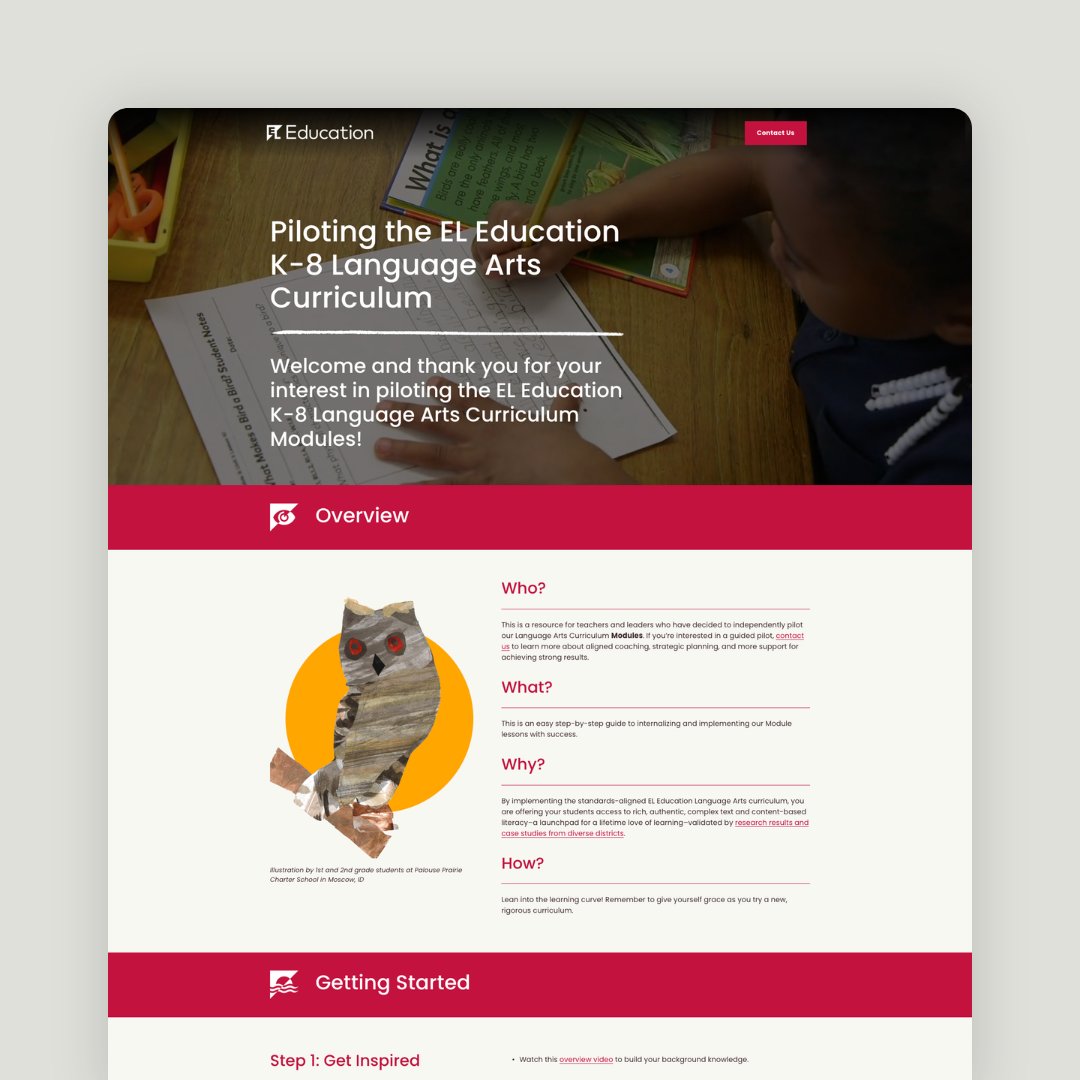 Desktop view of a microsite promoting the EL Education curriculum
