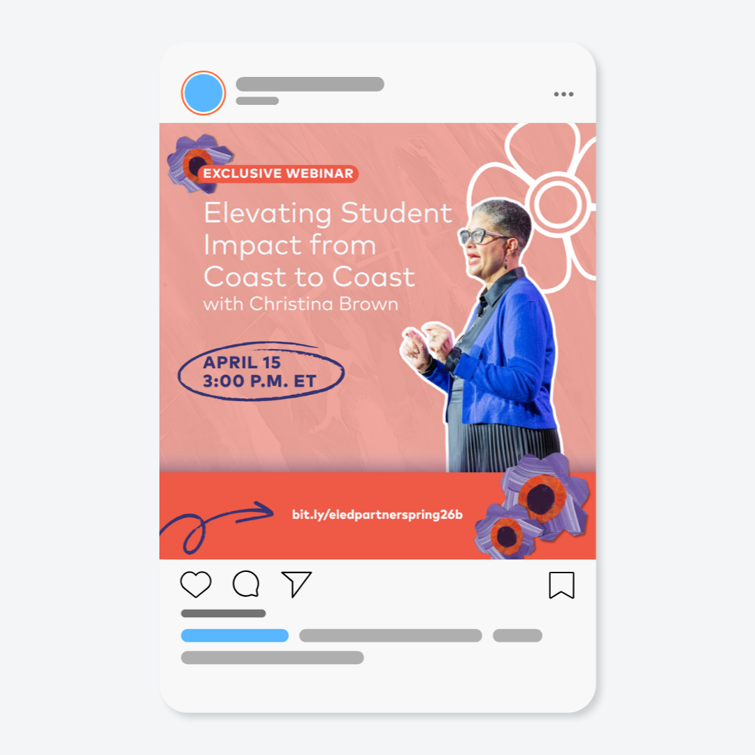 Instagram post promoting a webinar titled "Elevating Student Impact from Coast to Coast" with Christina Brown, scheduled for April 15 at 3:00 PM ET. The post includes a photo of Christina Brown, decorative floral and gear illustrations, and a link for registration.