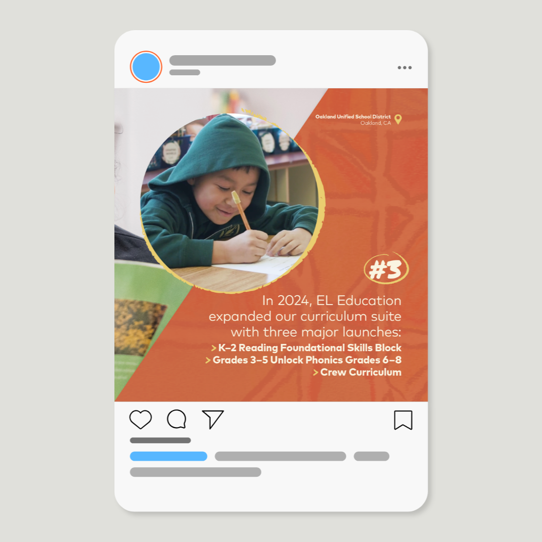 A social media post featuring a young boy wearing a green hoodie, smiling and writing with a pencil at a desk. The post highlights curriculum expansions by EL Education in 2024, including three major launches for kindergarten to grade 8 students.