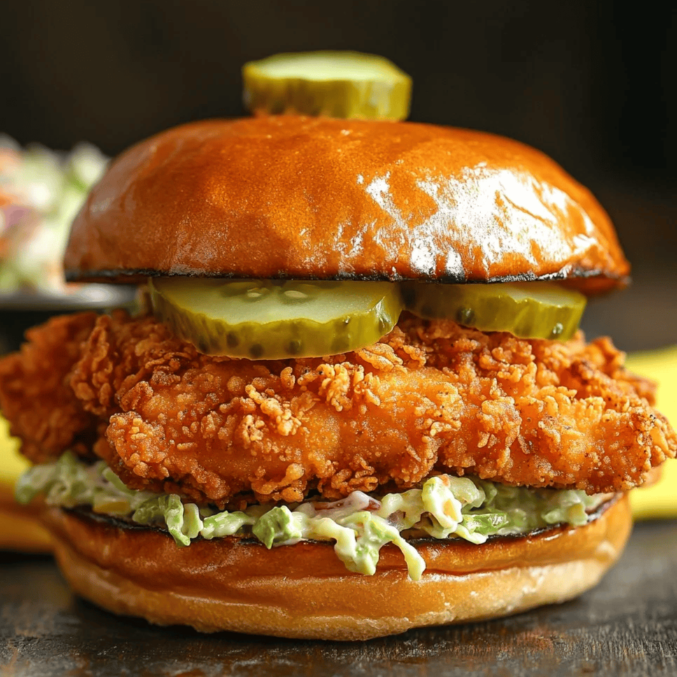 Close-up of a fried chicken sandwich with pickles, lettuce, and a bun.