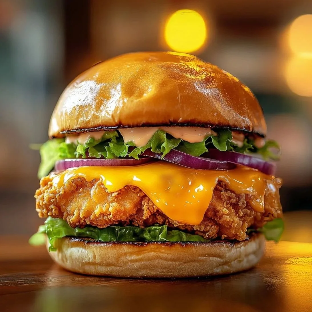 Close-up of a crispy fried chicken sandwich with melted cheddar cheese, lettuce, tomato, red onion, and a glossy bun on a wooden surface, blurred warm background lights.