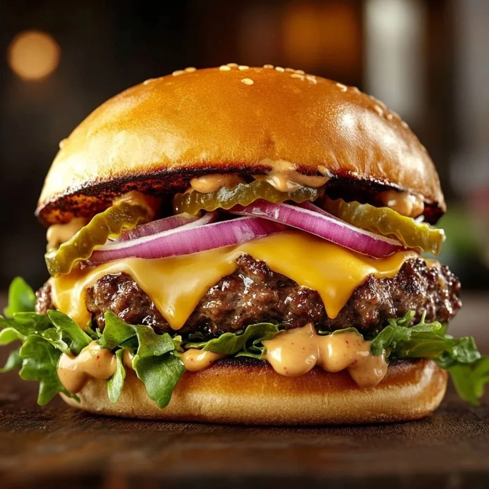 Close-up of a cheeseburger with cheddar cheese, pickles, onions, lettuce, and sauce in a toasted bun.