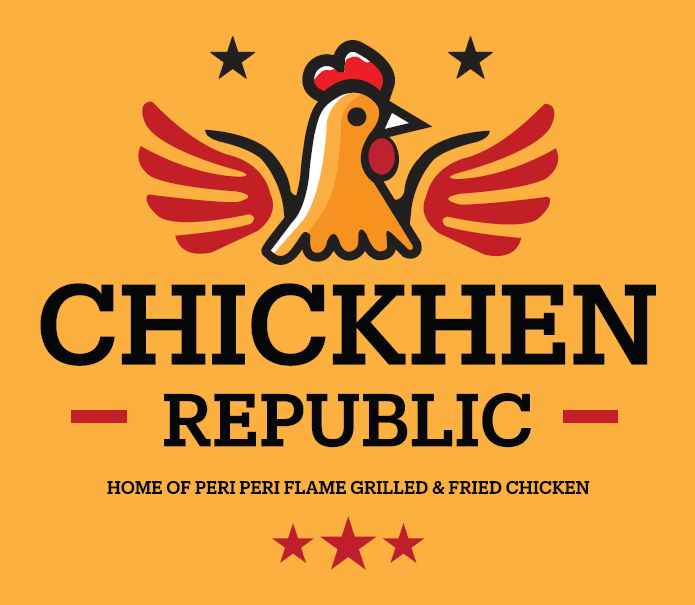 Logo for Chicken Republic featuring a stylized chicken with wings, stars, and bold text indicating it is a restaurant known for flame-grilled and fried chicken.