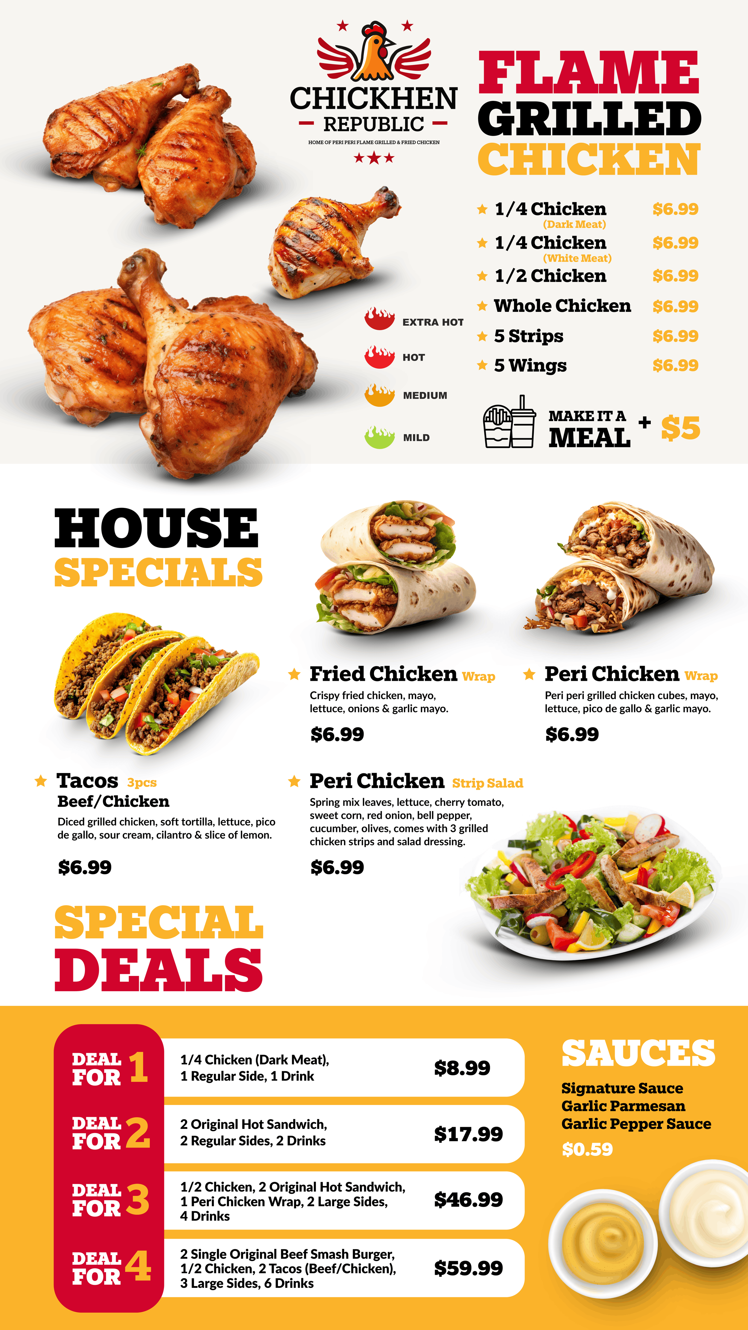 Menu featuring grilled chicken, house specials with tacos and wraps, and meal deals with sauces at a restaurant.