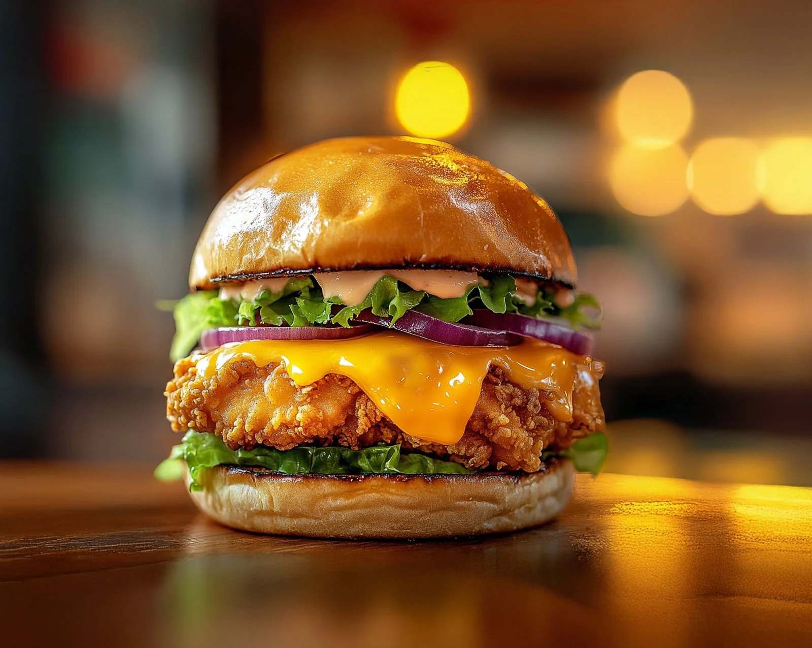 A close-up of a crispy fried chicken sandwich with melted cheese, lettuce, tomato, red onion, and sauce in a shiny bun, on a wooden surface with blurred lights in the background.