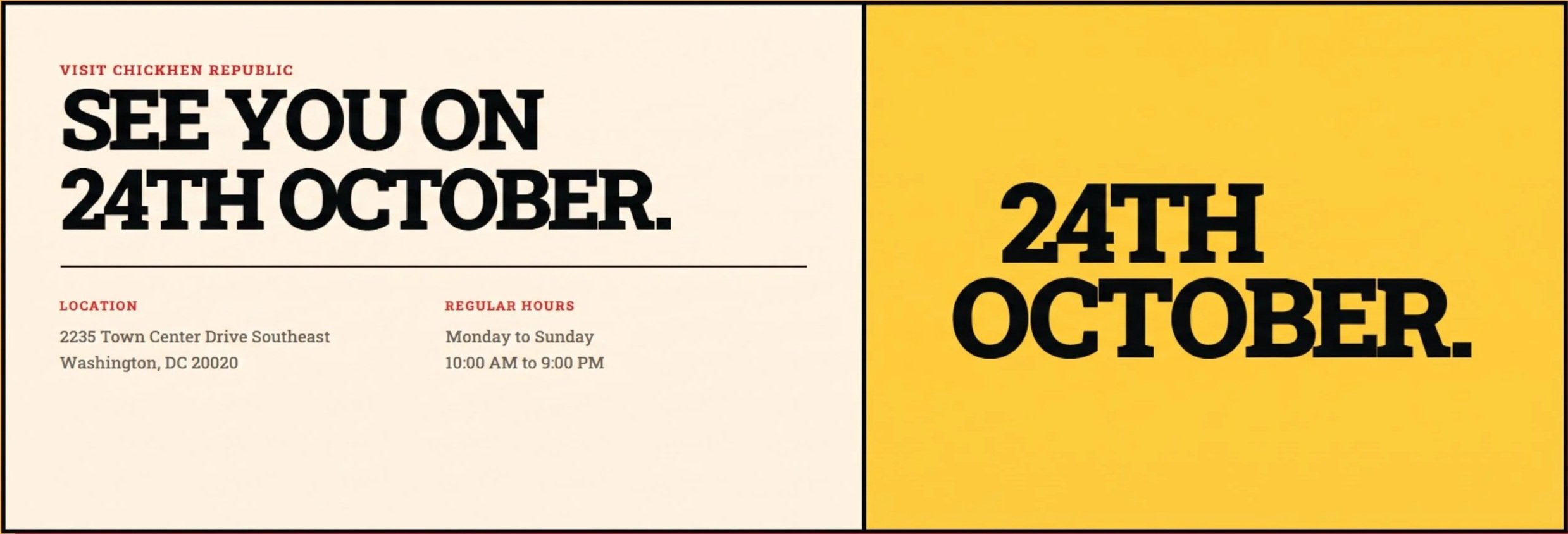 Event flyer announcing a visit to Chicken Republic on October 24th, with the location, hours, and date details.