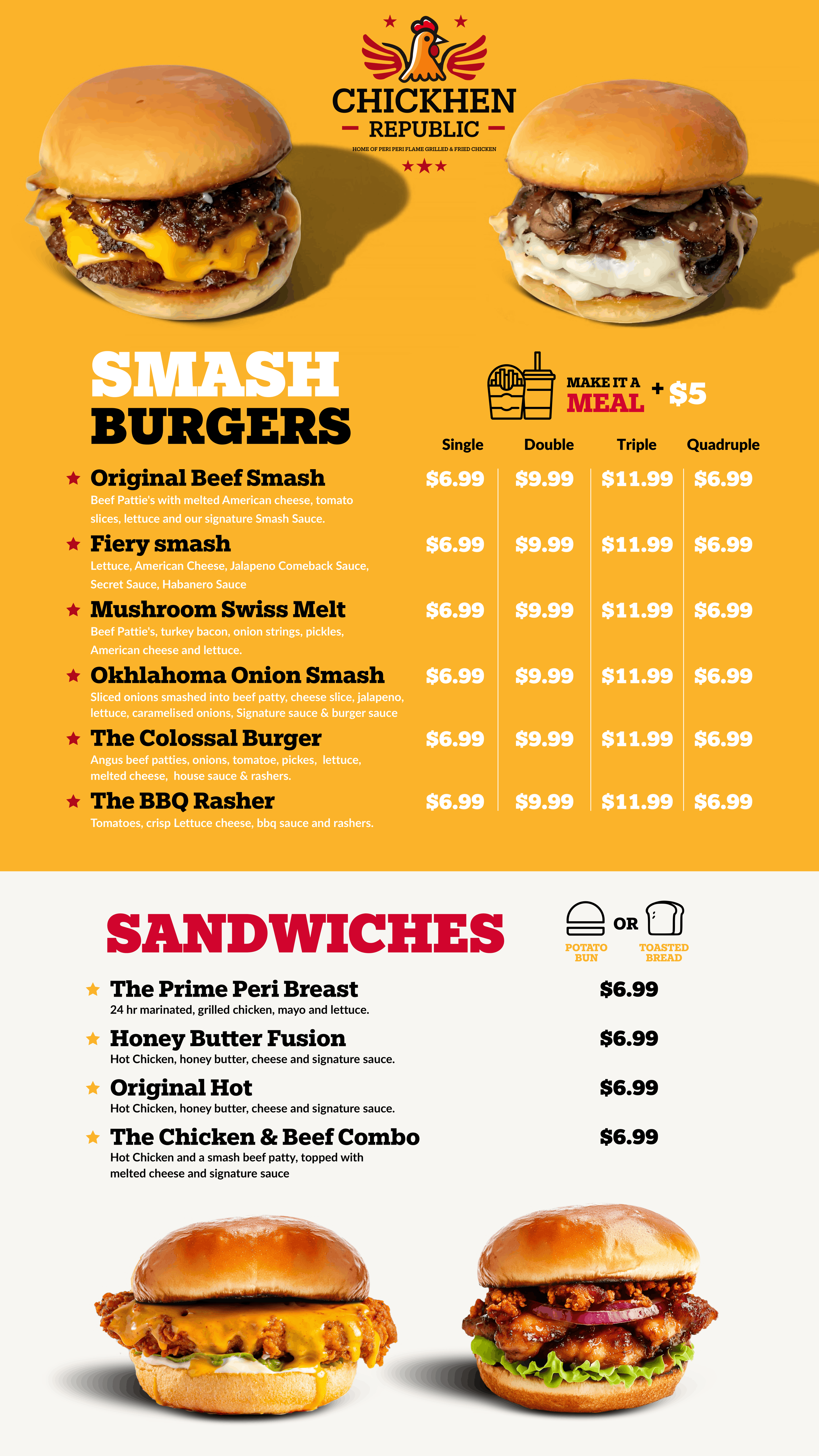 Menu featuring two burgers at the top, with the text "SMASH BURGERS" and various burger options listed along with prices. Below, a section labeled "SANDWICHES" with images of two different sandwiches.