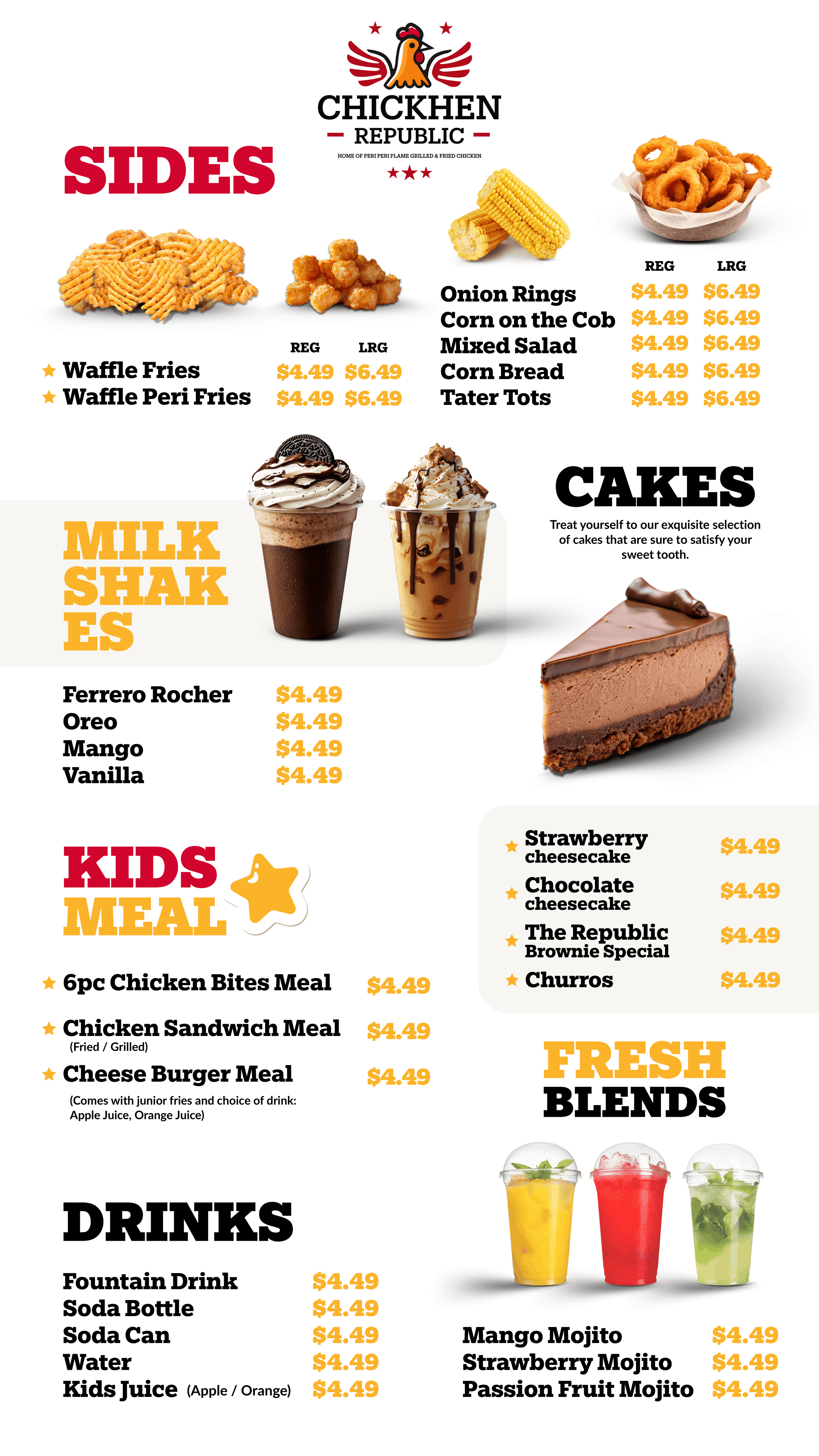 Menu for Chicken Republic featuring sides like waffle fries, onion rings, corn on the cob, mixed salad, corn bread, tater tots, and a variety of cakes including strawberry cheesecake, chocolate cheesecake, brownie special, churros; milkshakes, drinks