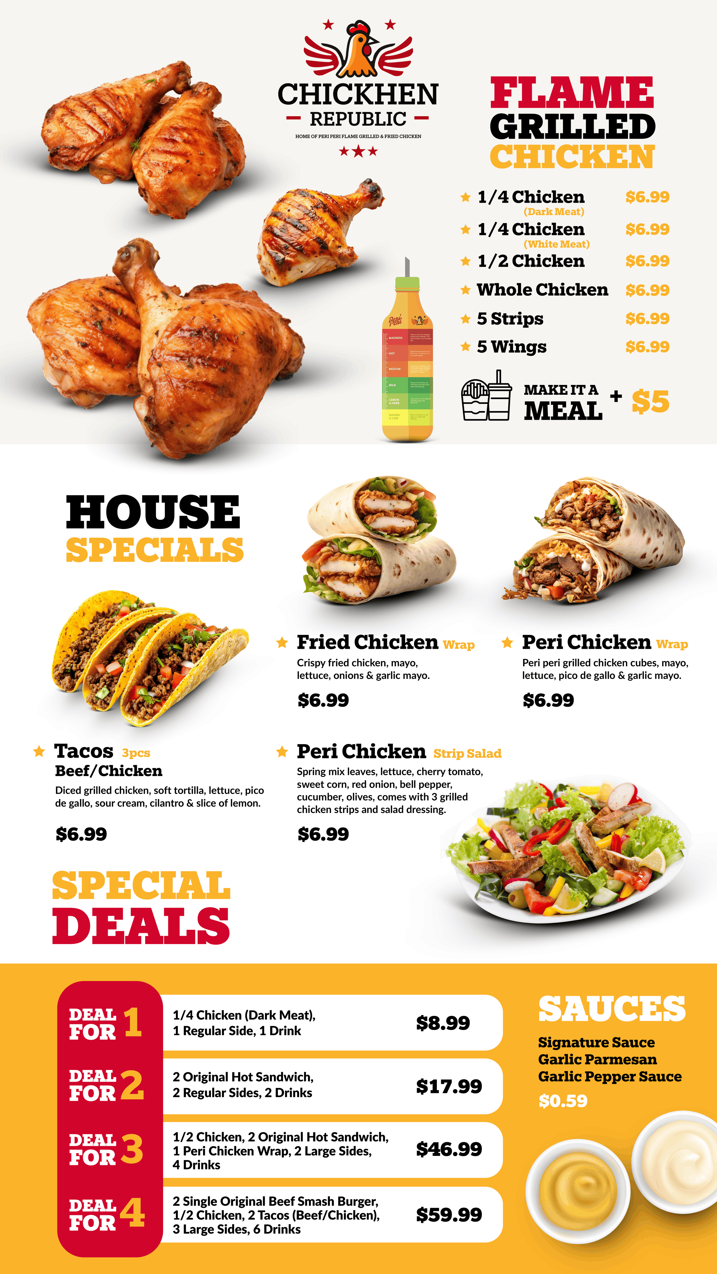 Menu featuring fried chicken, chicken wraps, tacos, salads, and meal deals with prices and descriptions.