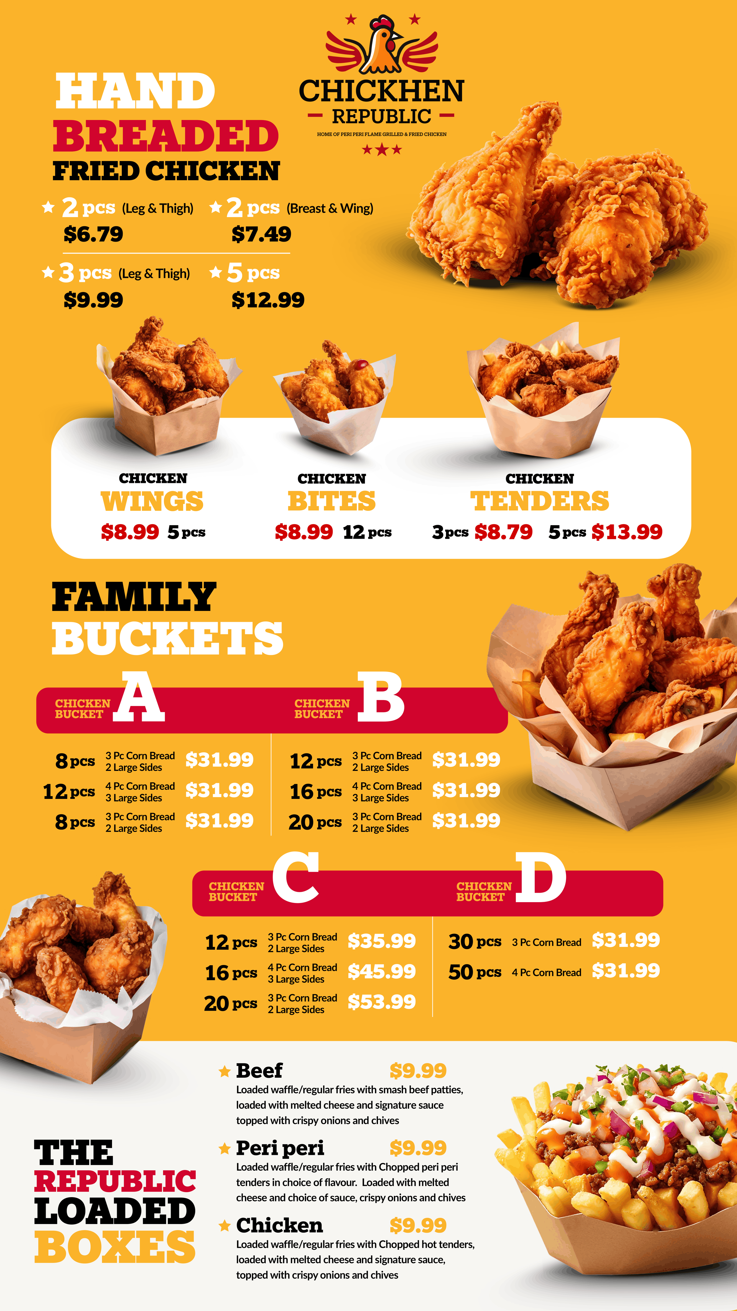 Menu featuring fried chicken options, chicken wings, bites, tenders, family buckets, and loaded boxes, with prices and descriptions.