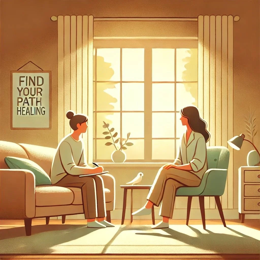 Two women having a therapy session in a cozy sunlit living room with a large window. One woman is sitting on a couch with a notepad, and the other is seated on a chair. A small table between them holds a bird figurine. A framed quote on the wall reads 'Find Your Path to Healing,' and there is a potted plant near the window.