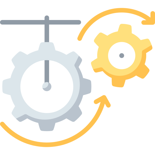 Círculo con flechas de diferentes colores que rodean una rueda dentada con una marca de verificación en el centro, simbolizando un proceso de ciclo o ciclo de control.