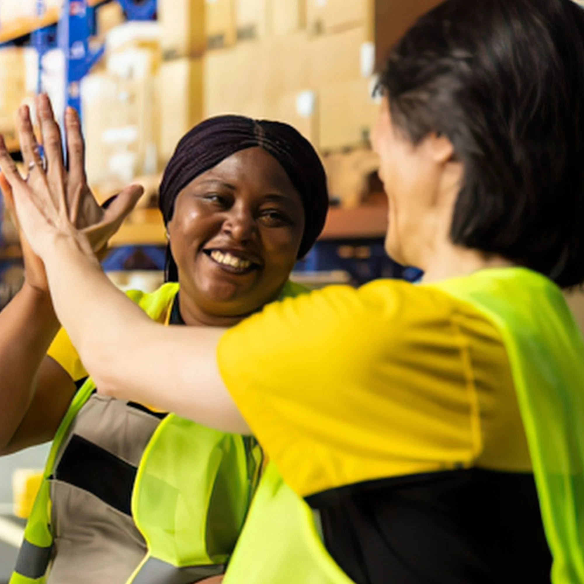 Two people high-fiving, one wearing a high-visibility yellow safety vest in an industrial or warehouse setting.