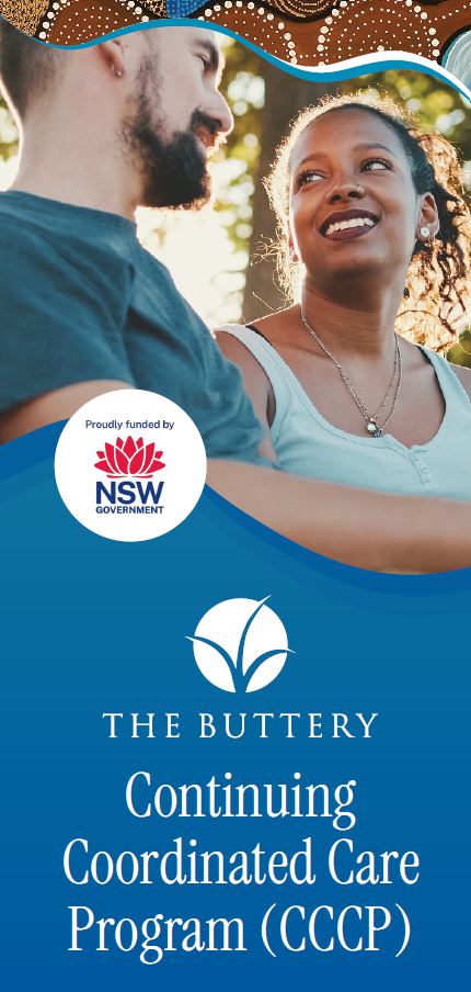 A woman and a man talking outdoors with trees in the background, smiling at each other, part of a promotional material for The Buttery Continuing Coordinated Care Program, funded by NSW Government.