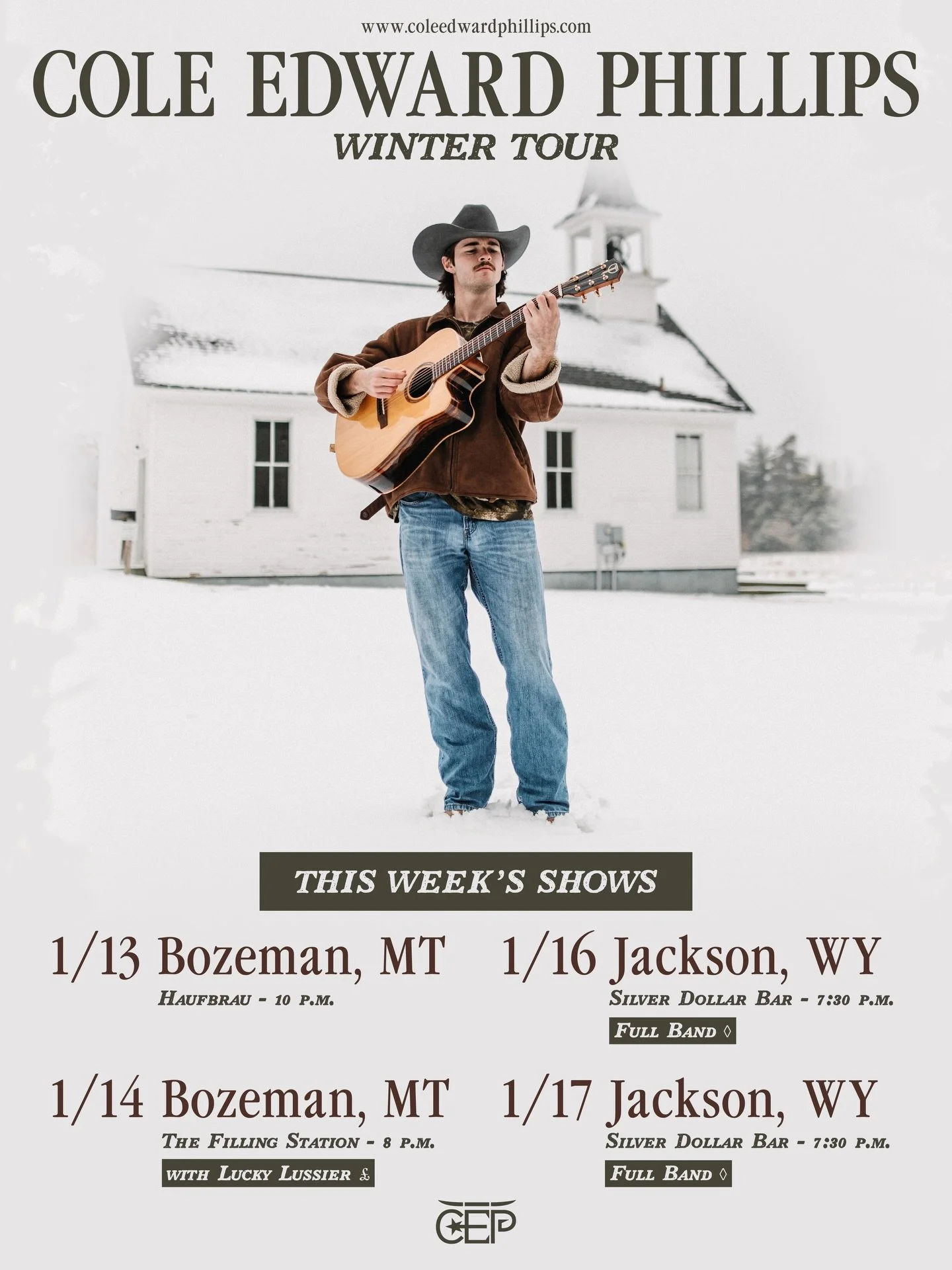 REAL BUSY THIS WEEK!! So excited to be up north for the first time. Here&rsquo;s our shows for this week!

- 1/13 BOZEMAN, MT Haufbrau @ 10pm
- 1/14 BOZEMAN, MY @fillingstationbozeman @ 8PM ($10 cover) with @luckylussier 
- 1/16 JACKSON, WY @worthote
