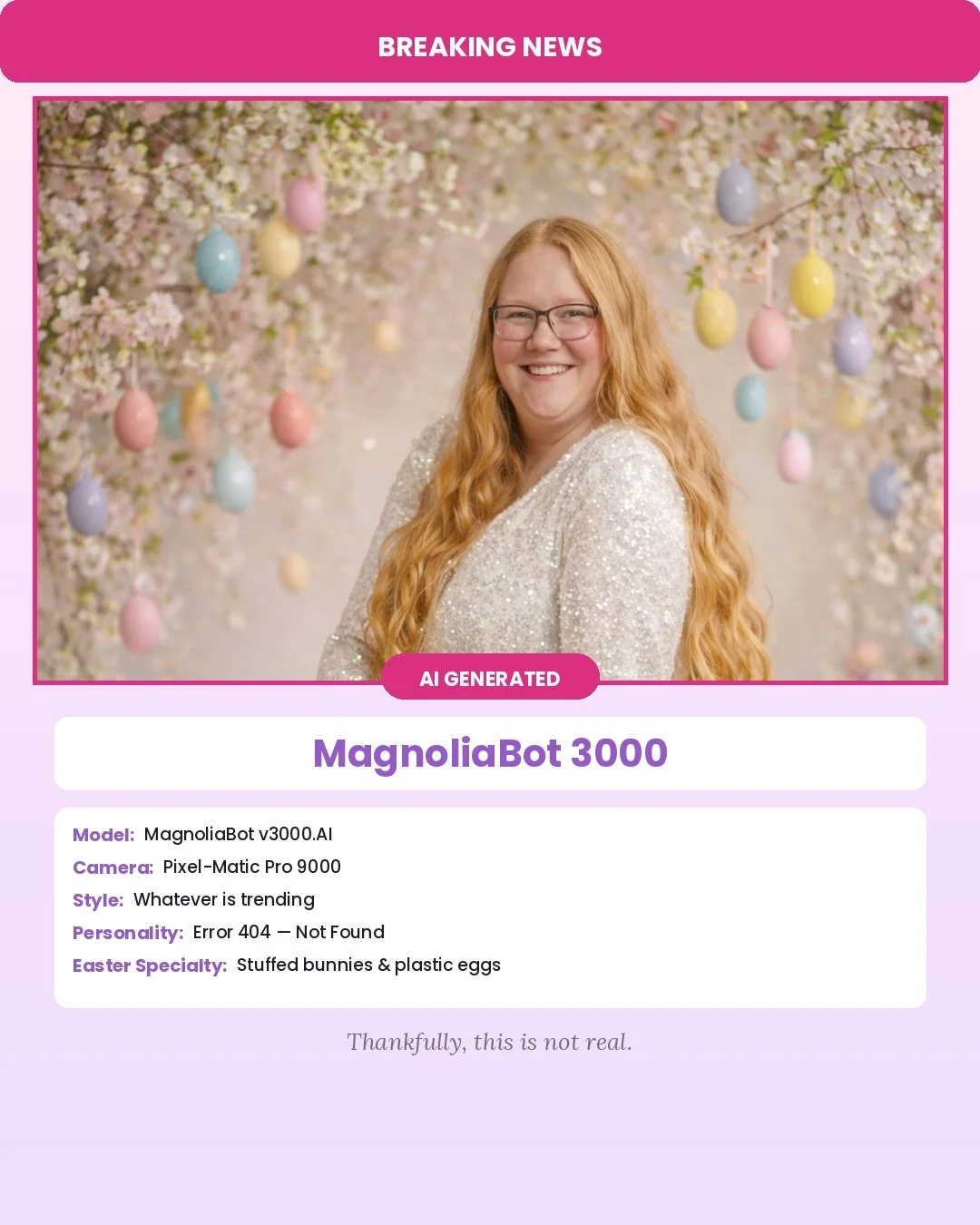 April Fools! 😂

AI thinks I show up to Easter sessions in a sequin jumpsuit surrounded by pastel eggs and stuffed bunnies. Doesn't even look like me, big suprise.

Meanwhile I'm actually out here at golden hour with a real lamb, a wooden cross, and 