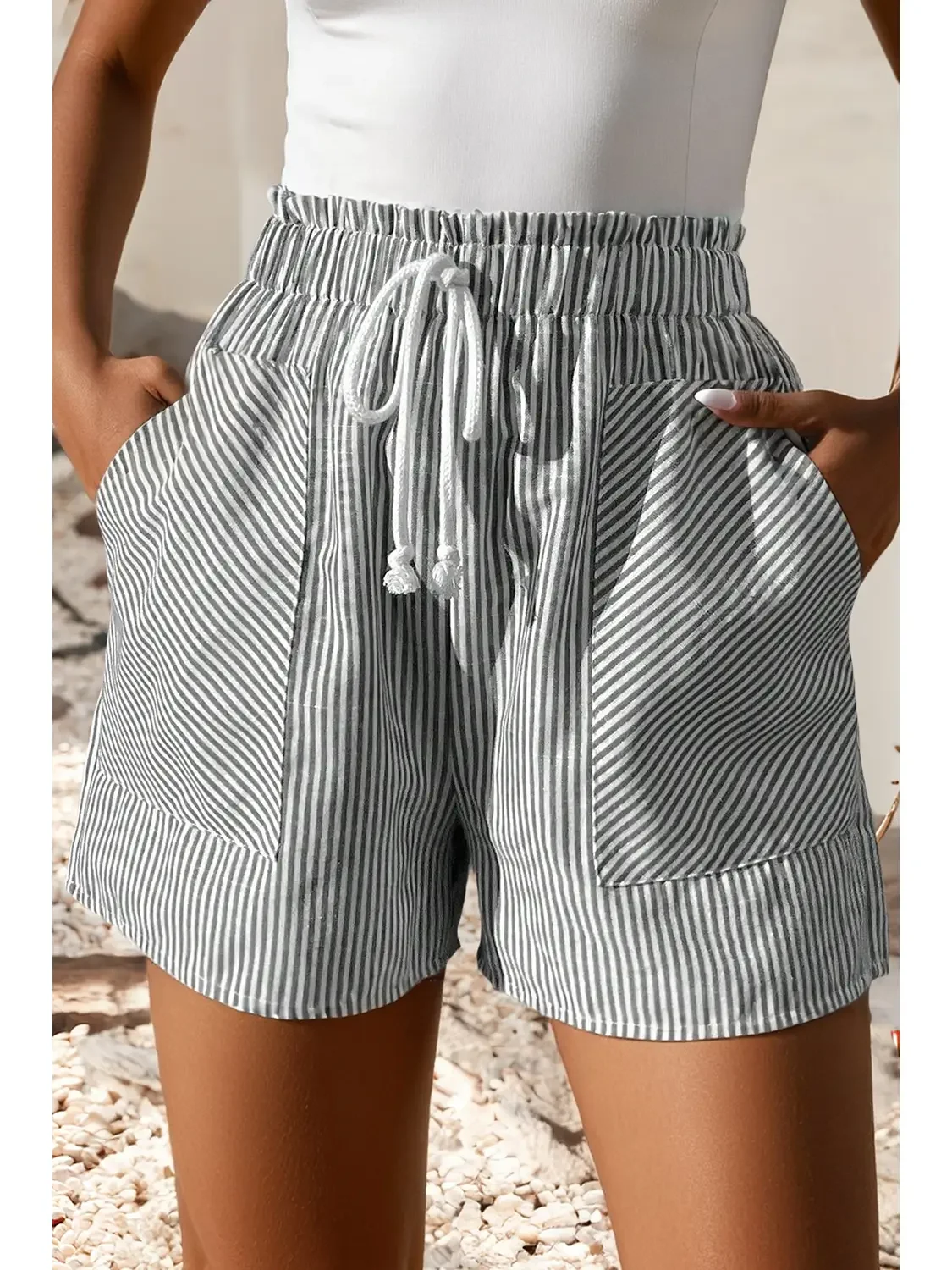 Striped Lace-Up Elastic Waist Casual Pocketed Shorts (PRE-ORDER ENDS 6/15)