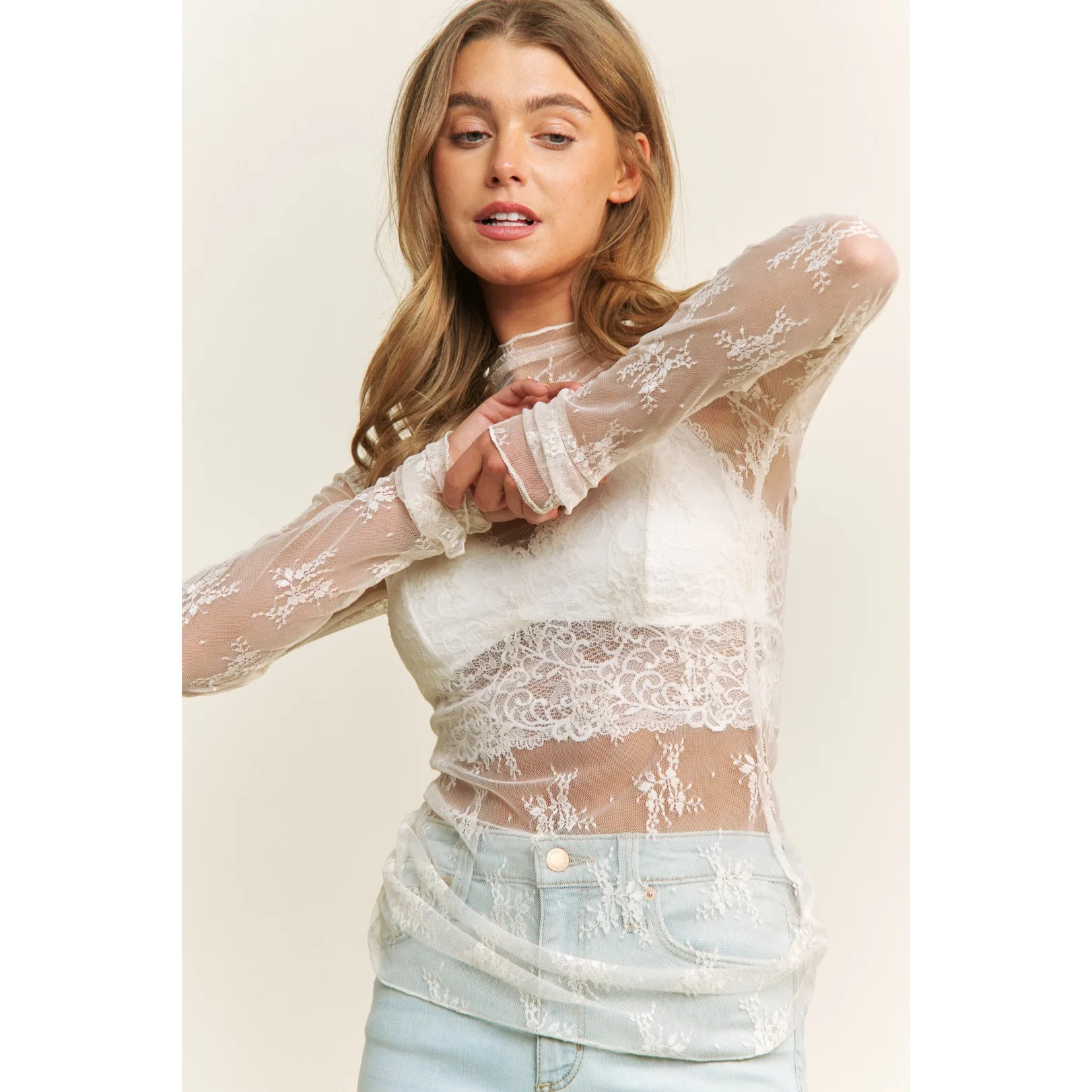 Cream Mesh Layering Tee