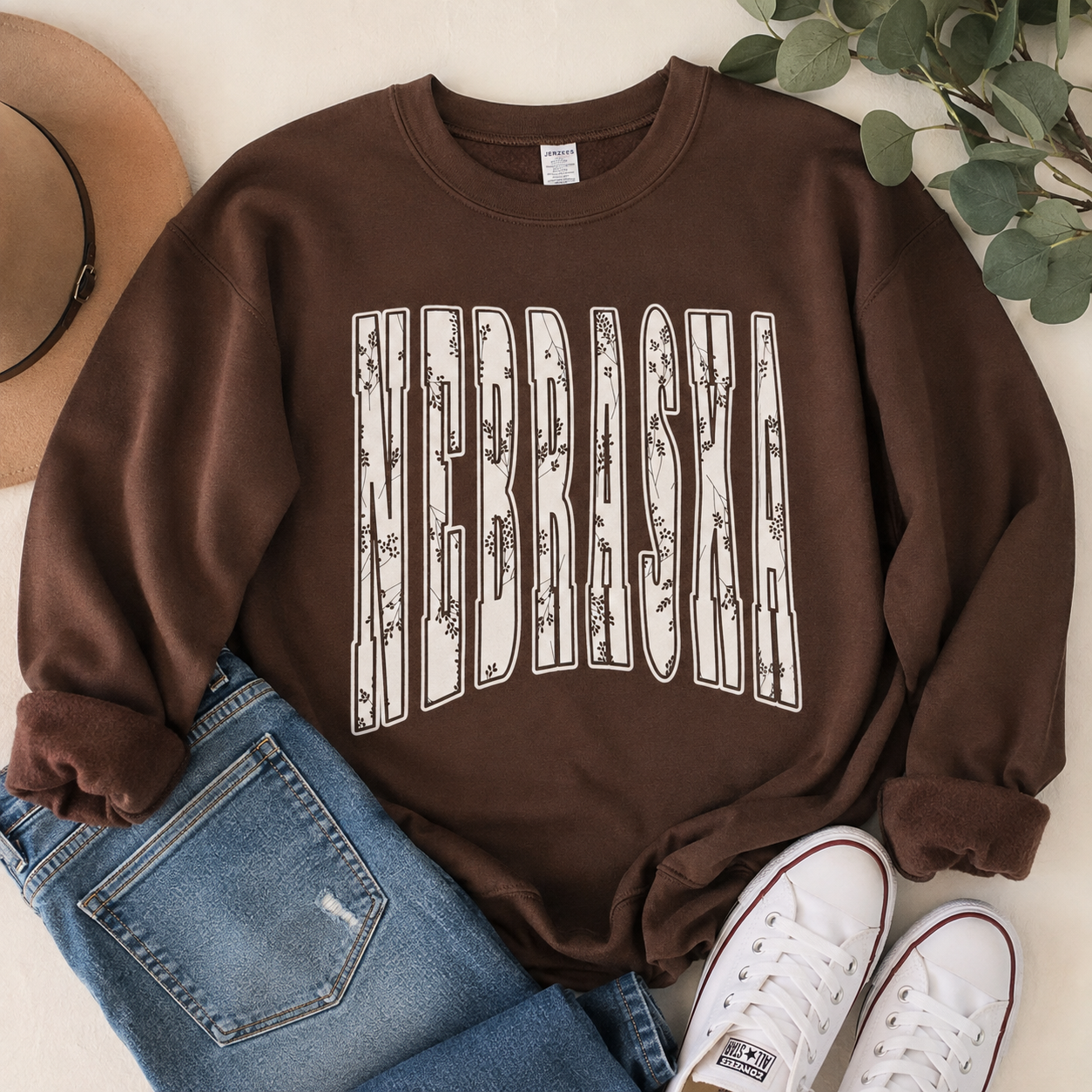 Nebraska Floral | Midweight Crew (Chocolate)