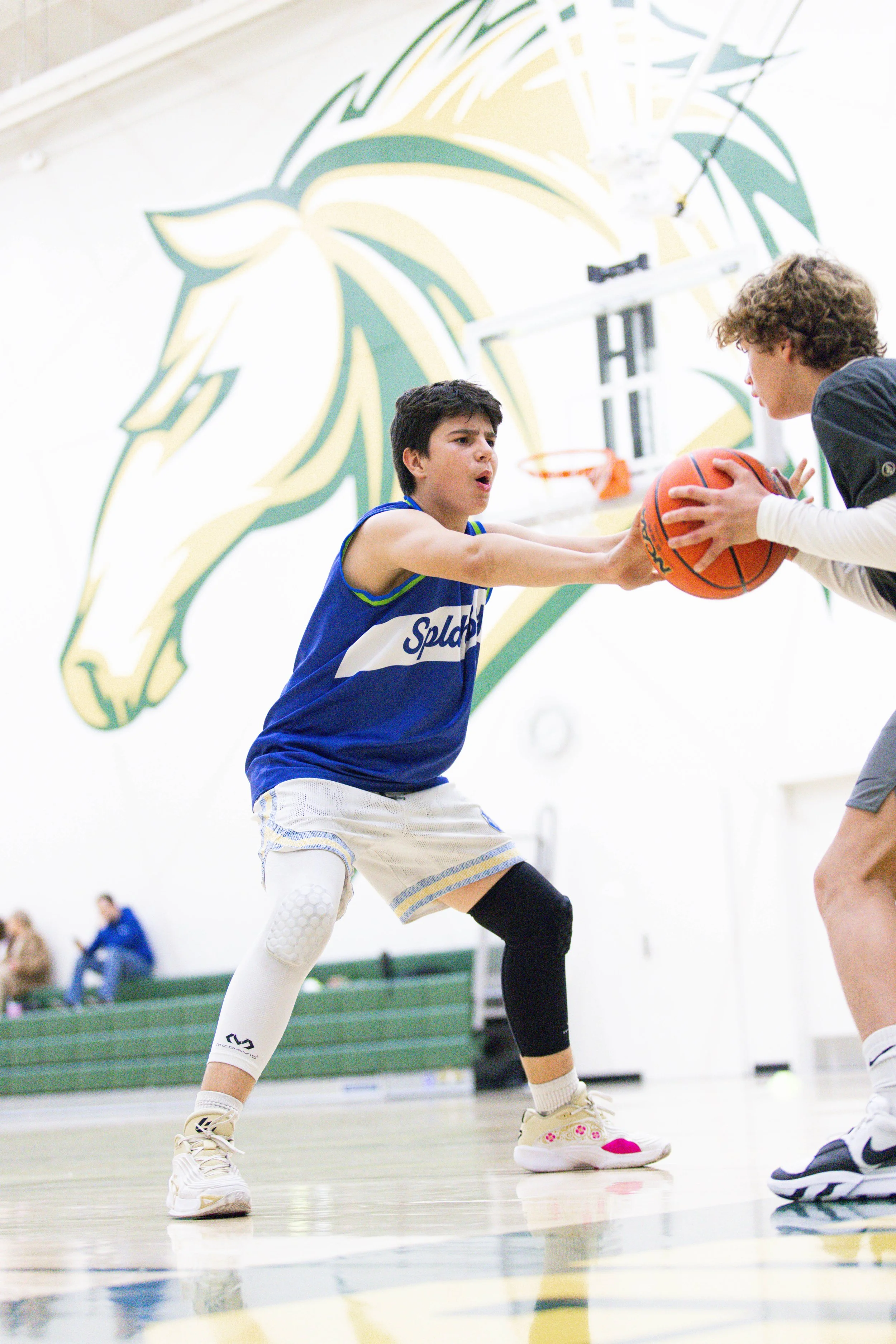 A young boy in a basketball jersey and shorts playing basketball, fighting for possession of the ball against another player, in an indoor gym with a large horse head logo in the background.