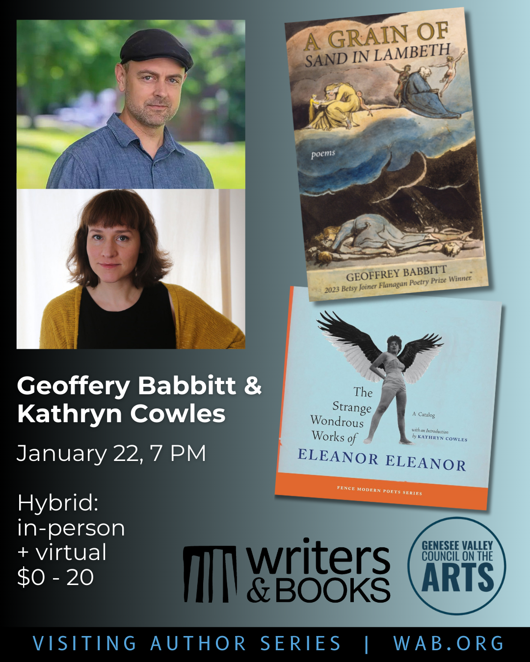 Babbitt and Cowles in portrait photos next to the cover of their latest books.