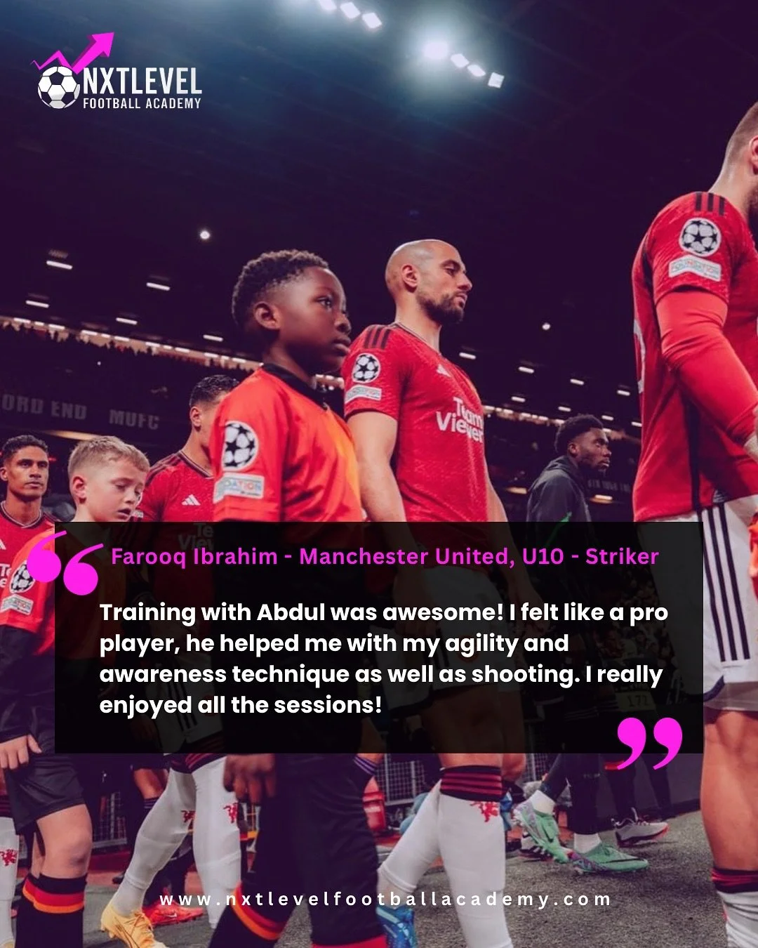 โญ Player Testimonial โญ
Manchester United U10 striker, Farooq Ibrahim, shares his experience training at Nxt Level Football Academy:
“Training with Abdul was awesome! I felt like a pro player — he helped me with agility, awareness, and sh