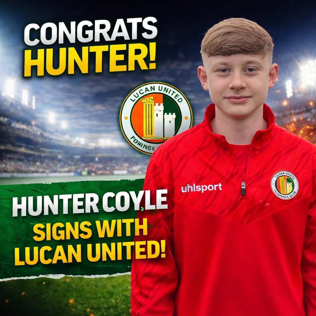 Hard work pays off 💪⚽
Academy group session player Hunter Coyle signs with Lucan United. @lucanunited A well-deserved opportunity and a big step forward. Wishing Hunter @coyle_hunter00 all the best in his future playing career 👏