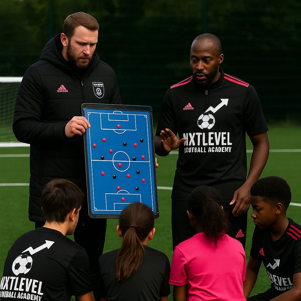 Two soccer coaches are teaching a group of young players on a field. One coach is holding a tactical board showing soccer formations, while the other is explaining. The players are seated, listening attentively, wearing training shirts with the logo