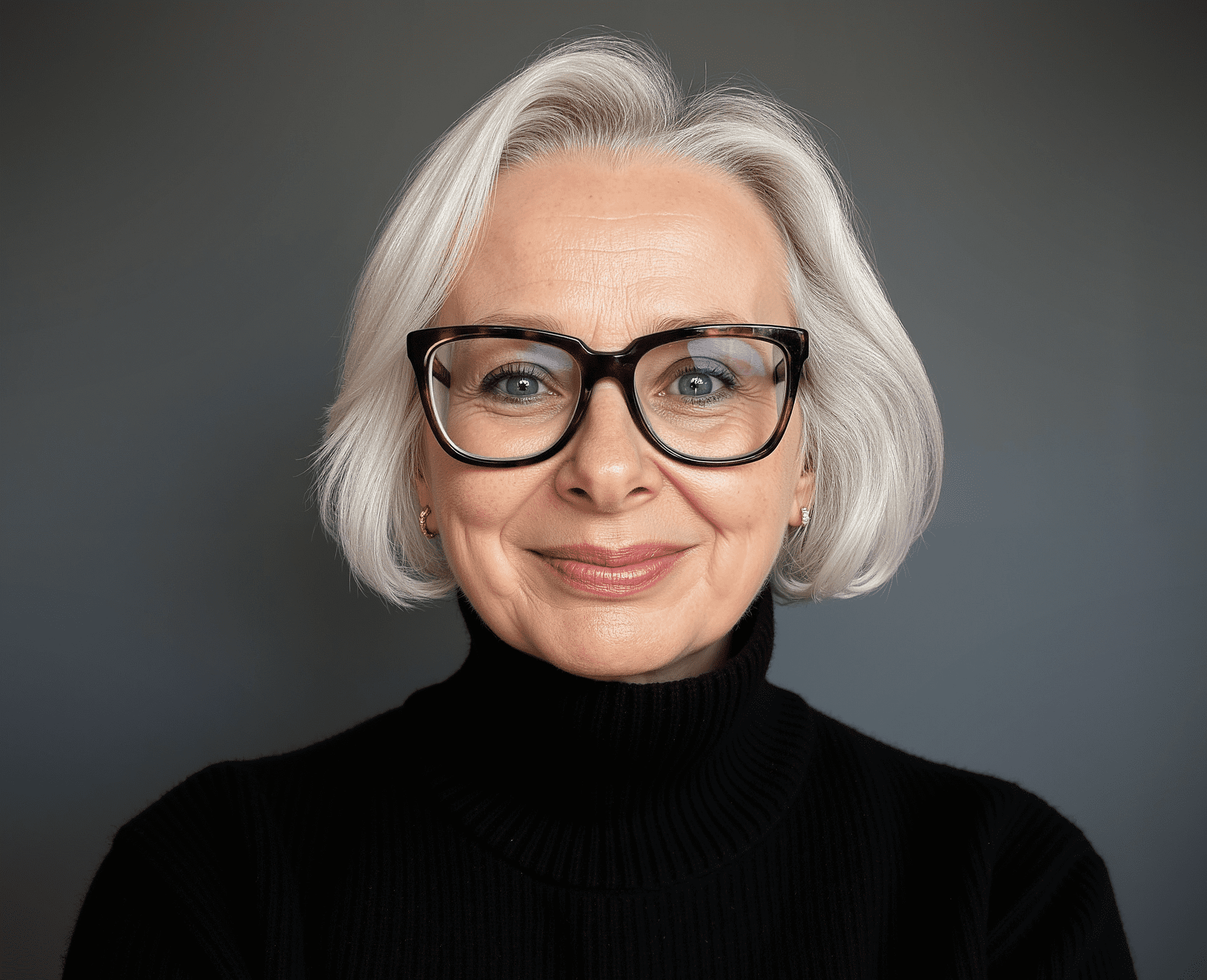 nicky gray consultant wearing black glasses and black roll neck jumper looking at camera