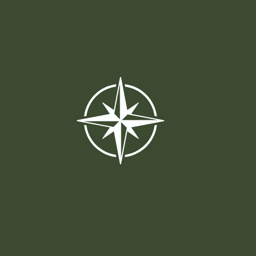compass with white font on green background