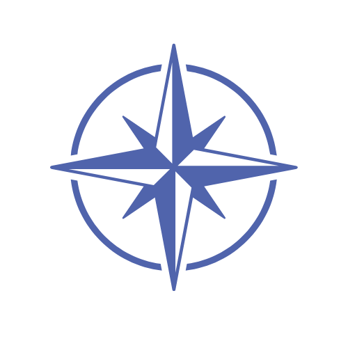 blue compass style graphic on white background