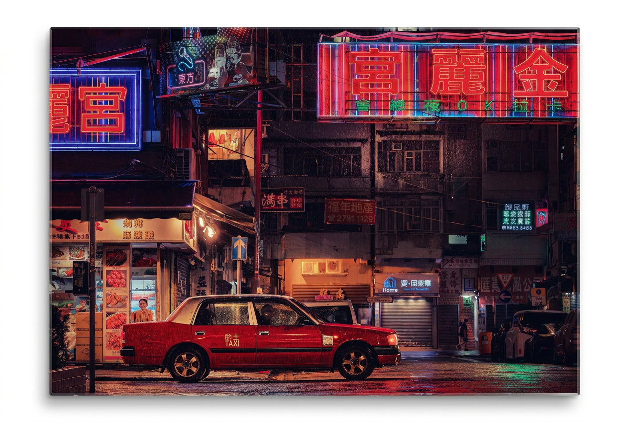 Hong Kong street photography at night in Mongkok — a red taxi on wet pavement reflecting vibrant Chinese neon signs in red, blue, and green beneath dense urban architecture