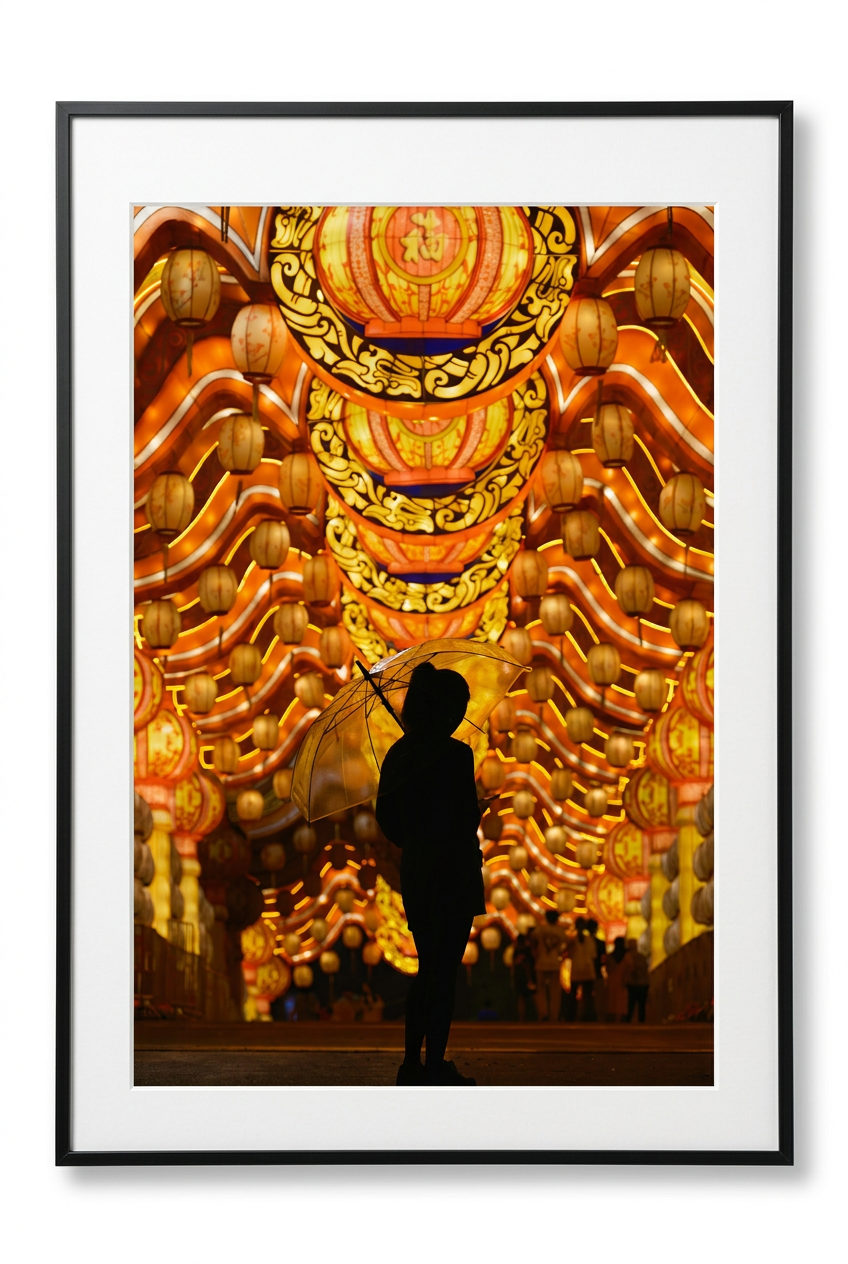 Silhouetted figure with clear umbrella standing before a tunnel of glowing Chinese lanterns, winner of 1839 Awards Photographer of the Year 2025 Bronze