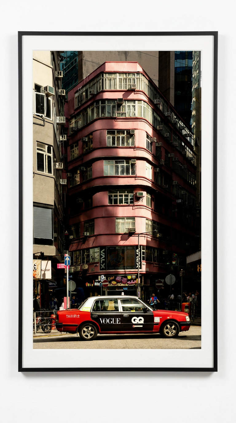 Vivid Hong Kong urban portrait — a weathered pink heritage building with curved corner facade, a classic red and white taxi below, and modern skyscrapers towering in the background