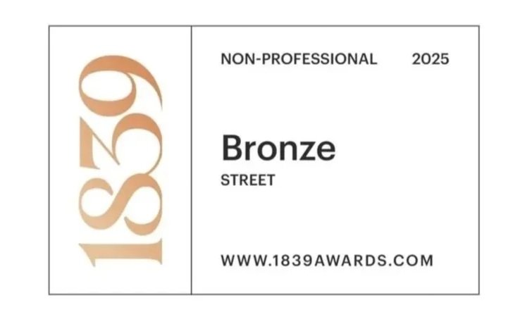 A certificate for a bronze award in street non-professional category, issued in 2025, featuring the website www.1839awards.com, with a large stylized number 1839.