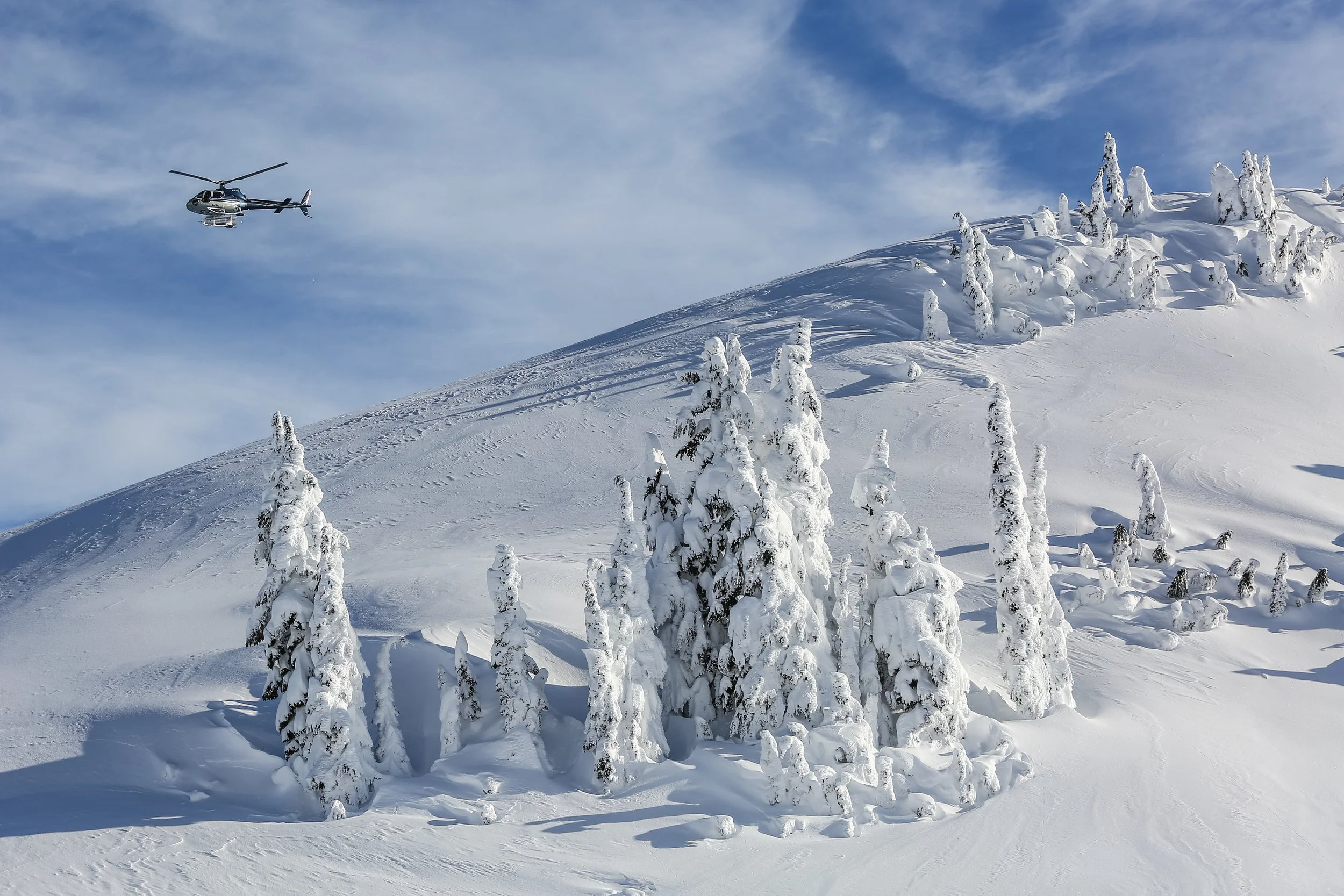 Snow-covered mountain landscape with trees covered in snow and a helicopter flying in the sky.
