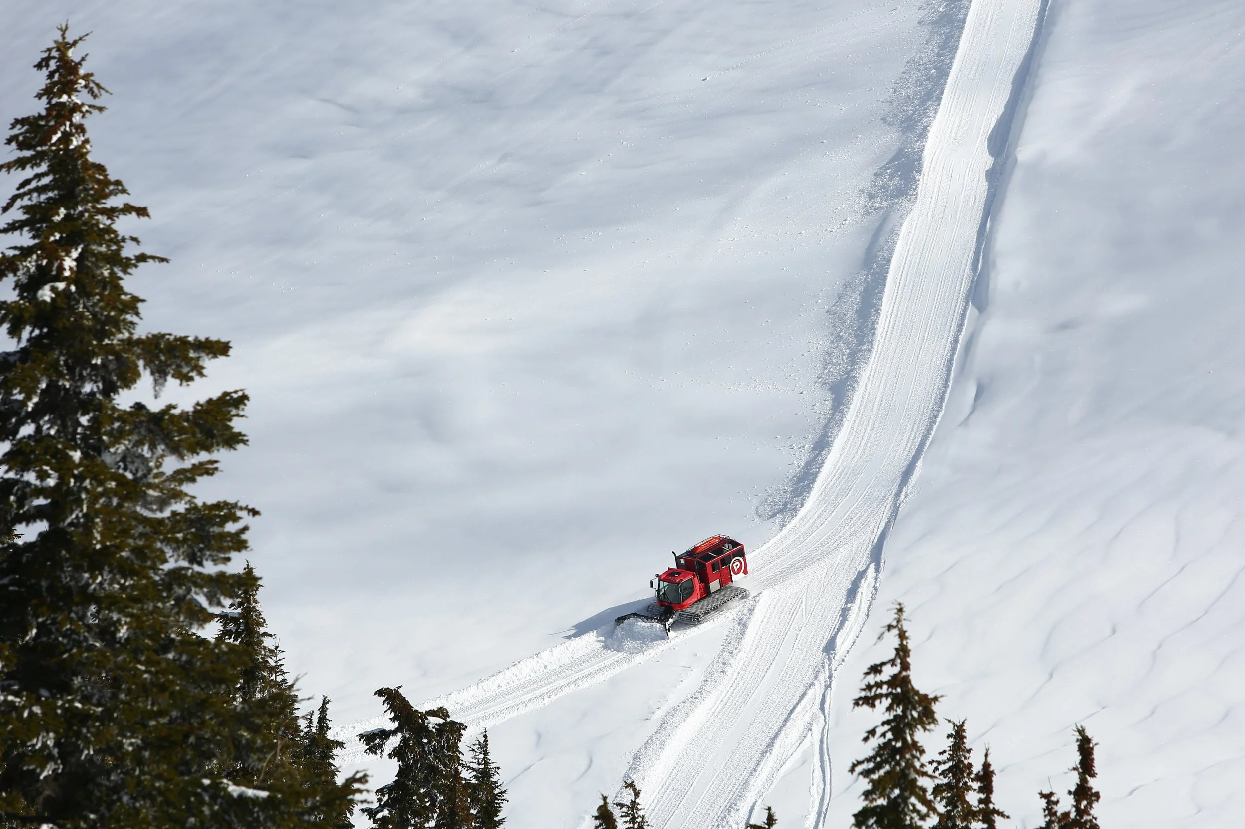 A red snowcat grooming tracks on a snow-covered mountain slope surrounded by evergreen trees.