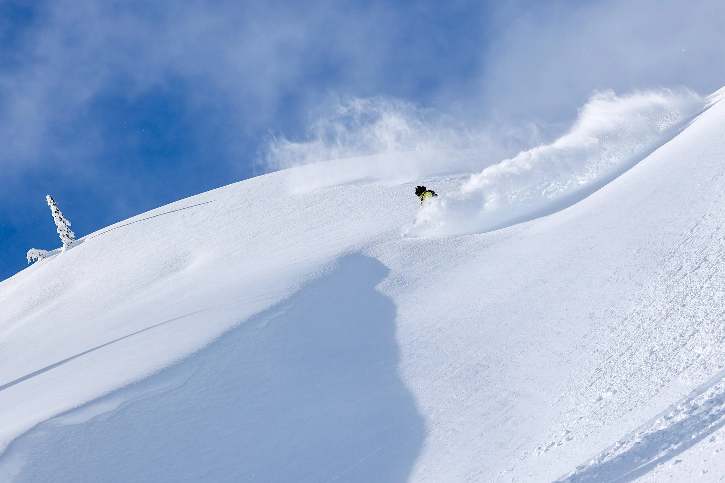A skier skiing down a snowy slope with a trail of snow behind them under a blue sky.