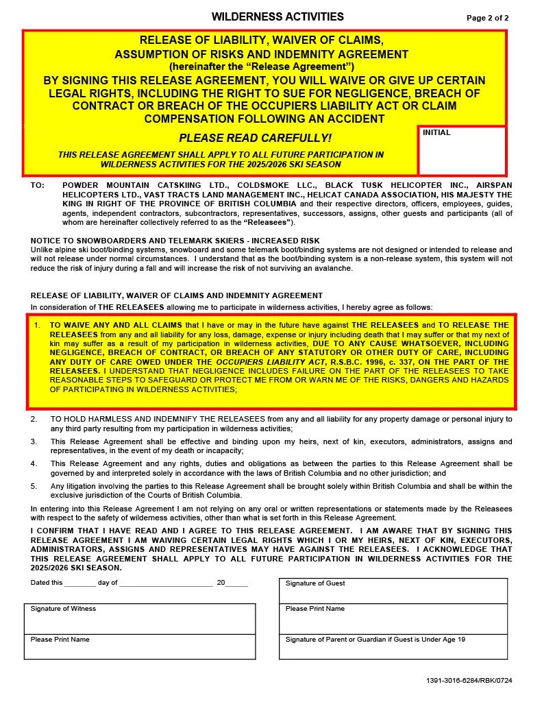Wilderness activities release of liability, waiver of claims, and indemnity agreement form with a highlighted section detailing the waiver of legal rights and claims, including instructions to read carefully, for ski season participation.