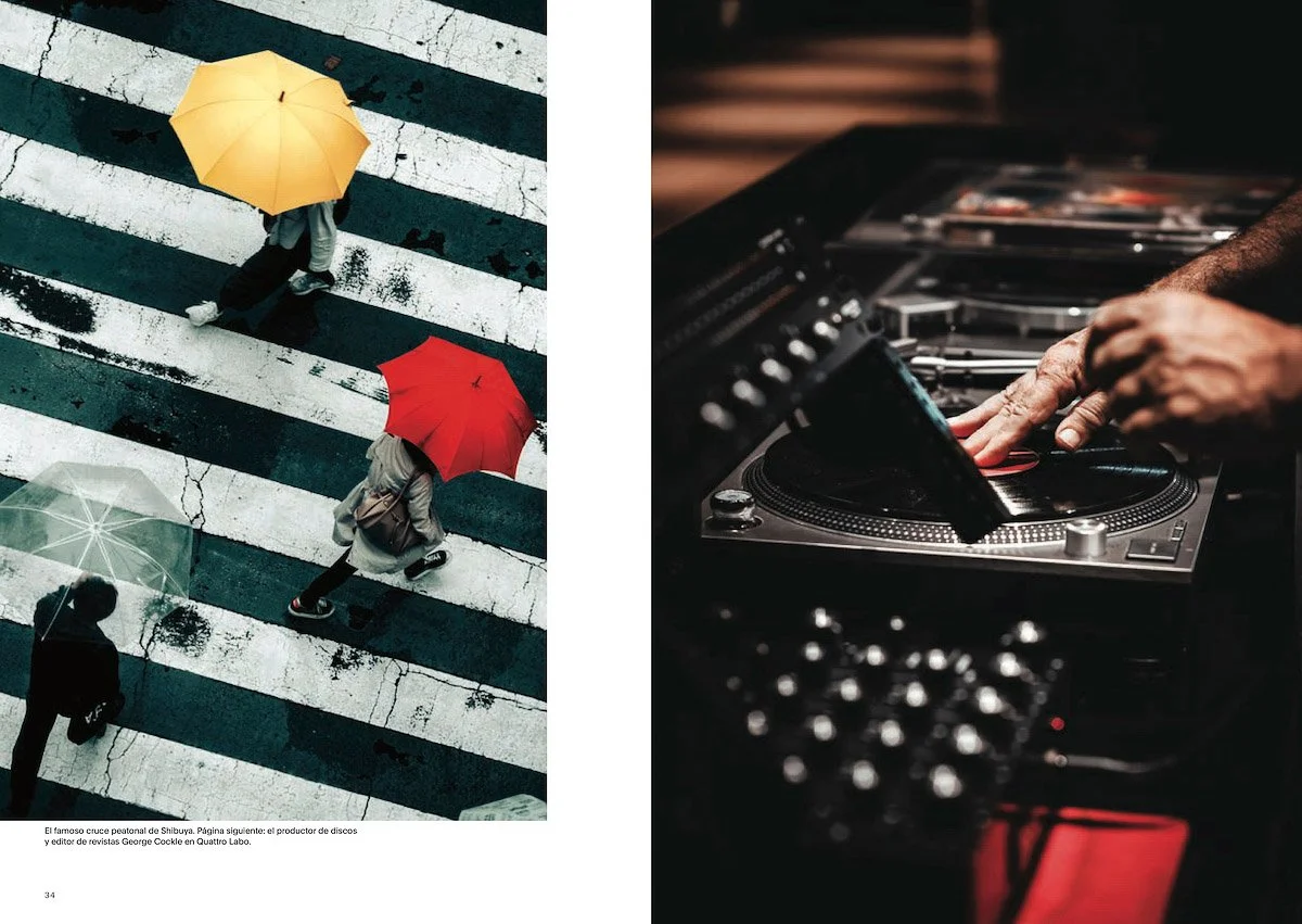 Top view of pedestrians crossing a street in the rain with umbrellas in yellow, red, and clear, and a DJ's hands on turntables in a dark setting.