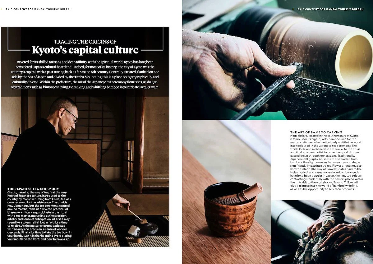 Page from a magazine story about Kyoto's cultural traditions, featuring images of a person performing the Japanese tea ceremony, bamboo carving, and related cultural items.