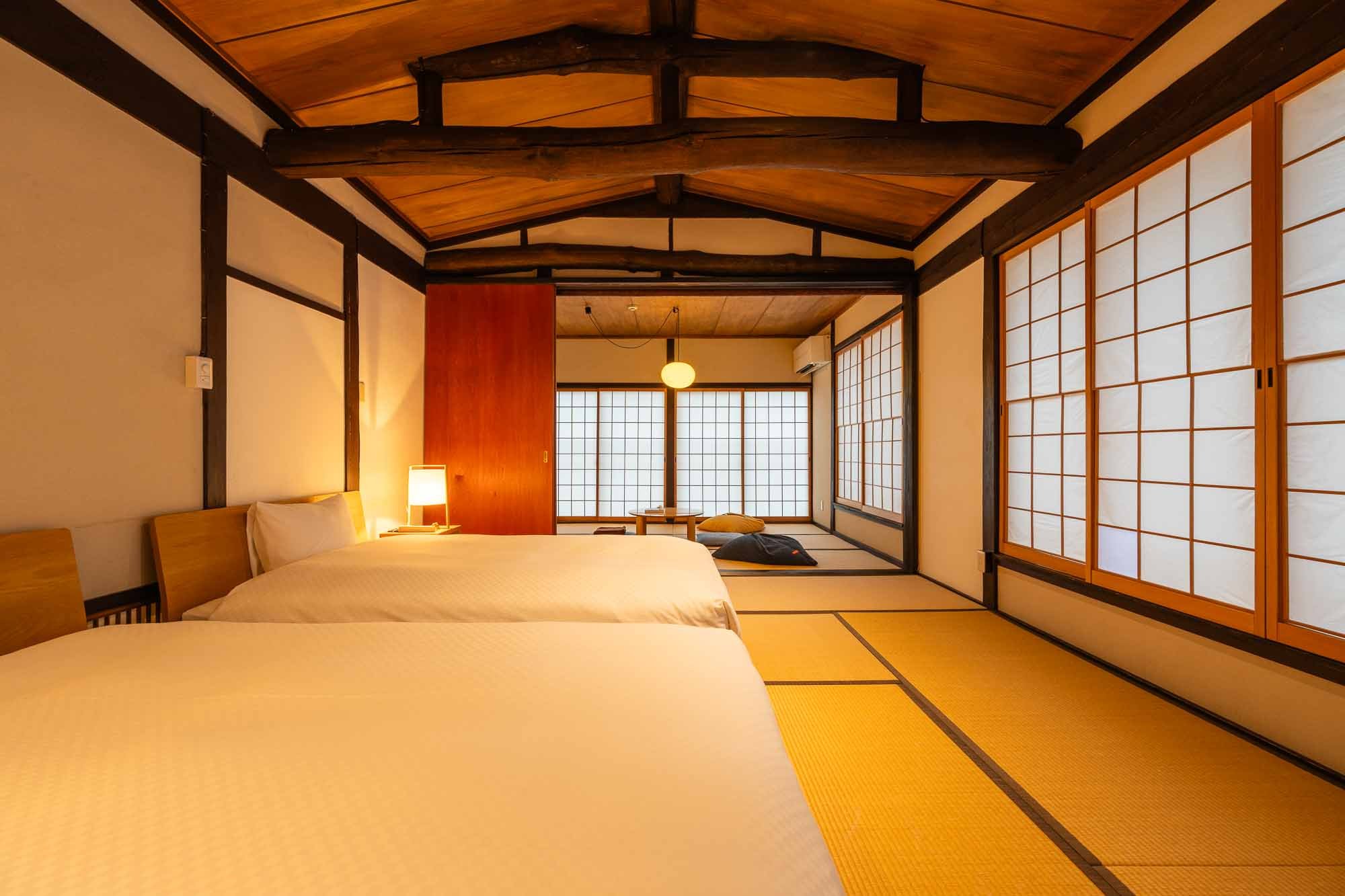 A guest room in a former bank at Nipponia Hotel, Takehara Saltworks Town, Hiroshima. Photographed for the Setouchi Tourism Authority.